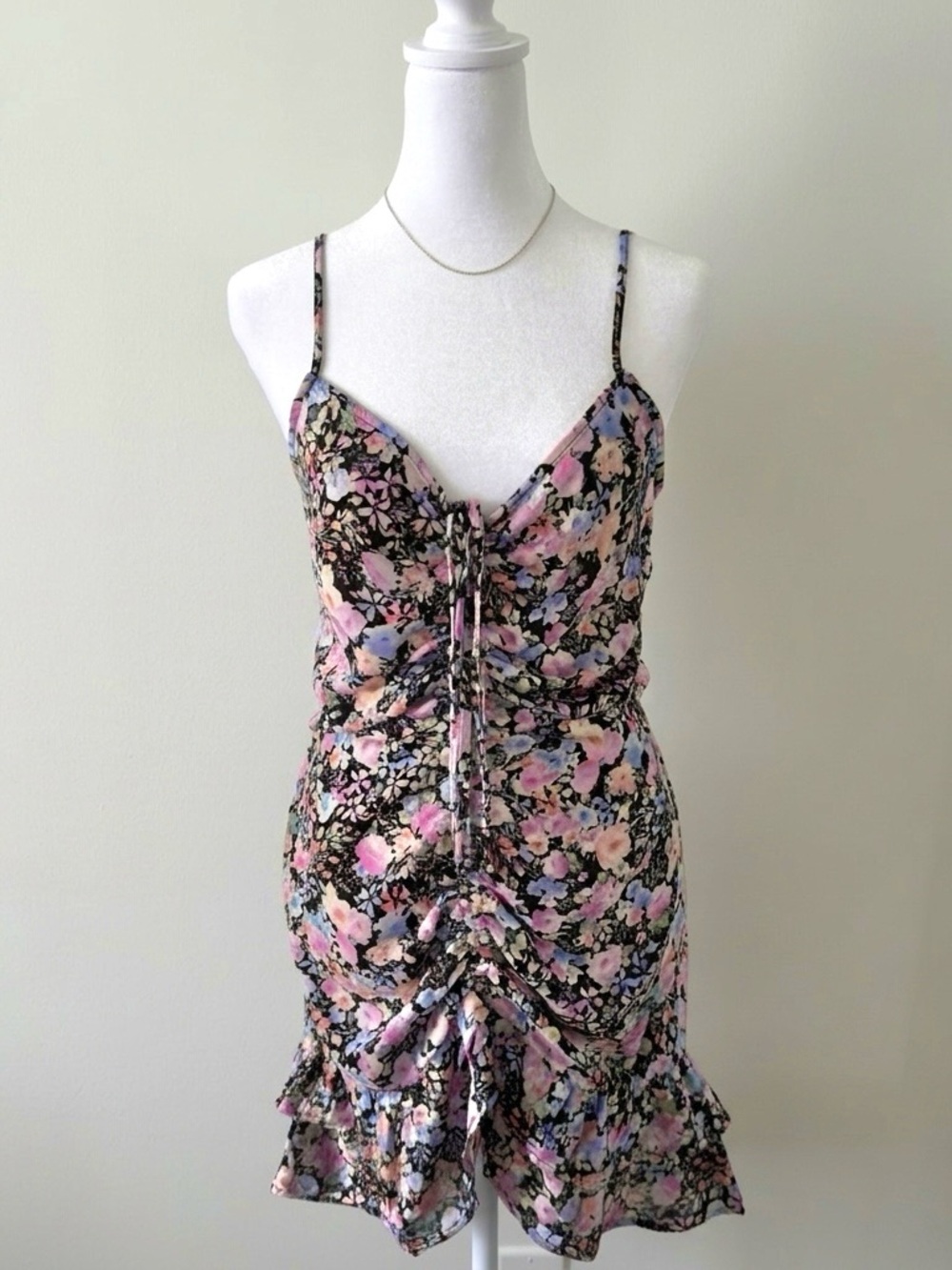 Blashe Black Pink Floral Ruched Cami Mini Dress Sweetheart Ruffle Hem